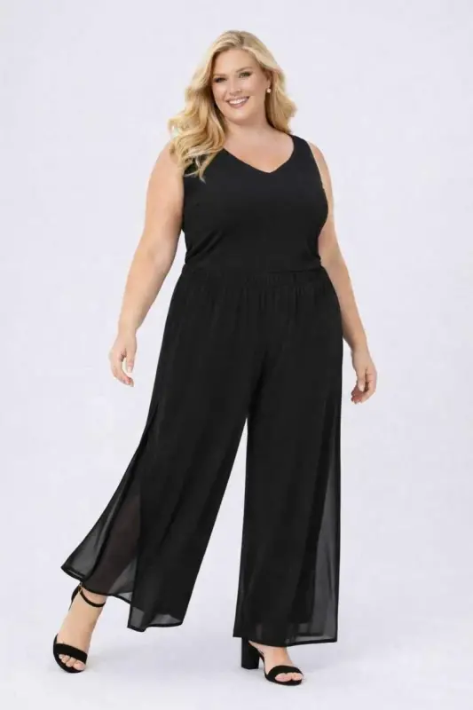 Büyük Beden Geniş Paçası Dökümlü Yırtmaçlı Abiye Pantolon ND4023 - 2