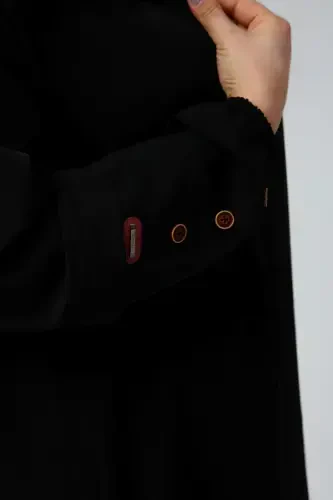 Buyuk Beden Giyim Kadin Tesettur Uzun Ferace Kolları Düğme Detaylı Yazlik Elbise-Siyah - 7