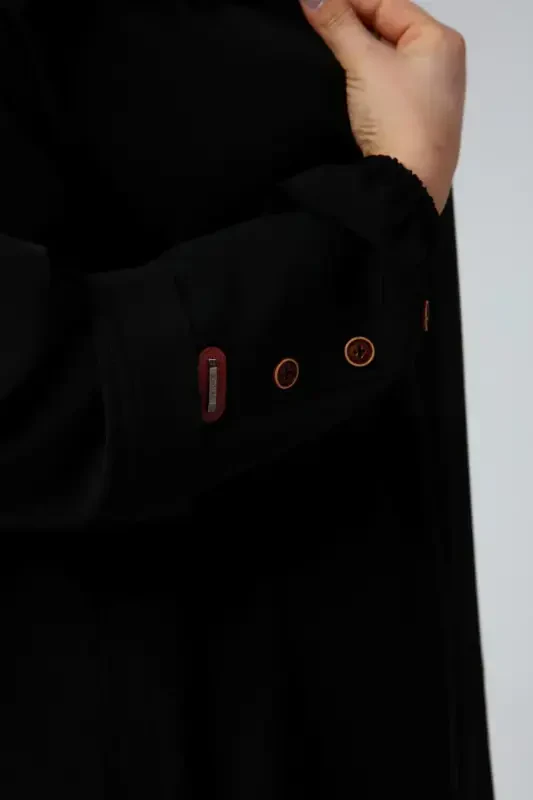 Buyuk Beden Giyim Kadin Tesettur Uzun Ferace Kolları Düğme Detaylı Yazlik Elbise-Siyah - 7