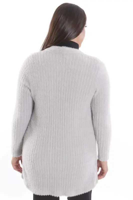 Büyük Beden Gri Kendinden Kıvrımlı Yumoş Hırka - 5