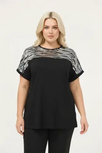 Büyük Beden Gümüş Zebra Pul Detaylı T-shirt - 1