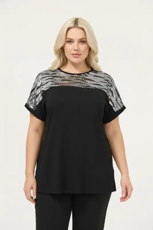 Büyük Beden Gümüş Zebra Pul Detaylı T-shirt - Büyükbedeniz