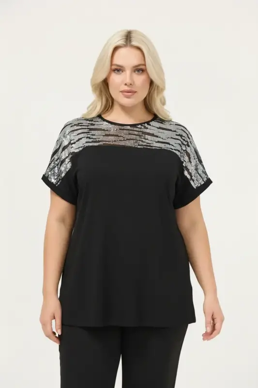 Büyük Beden Gümüş Zebra Pul Detaylı T-shirt - 1
