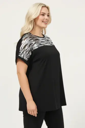 Büyük Beden Gümüş Zebra Pul Detaylı T-shirt - 2