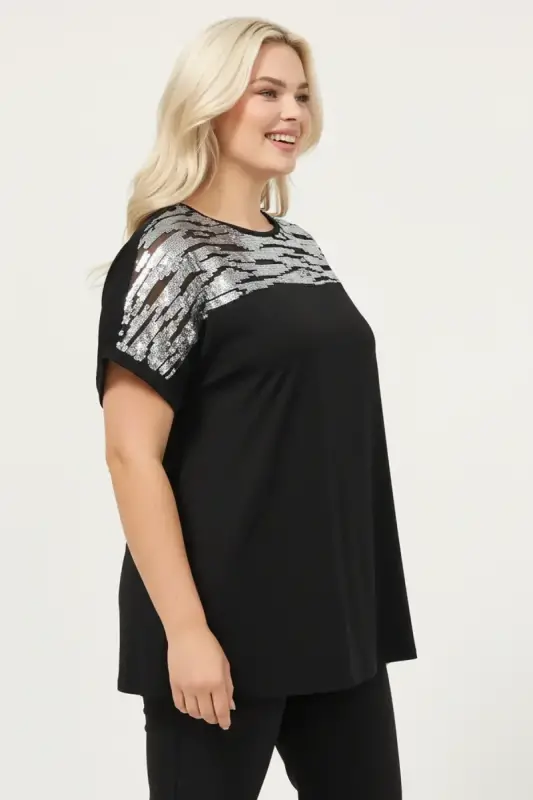 Büyük Beden Gümüş Zebra Pul Detaylı T-shirt - 2