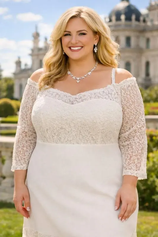 Büyük Beden Güpür Dantel Yaka Lastikli Ayarlanabilir Balık Nikah Elbisesi (50–62) ND4022 - BÜYÜKBEDENIZ