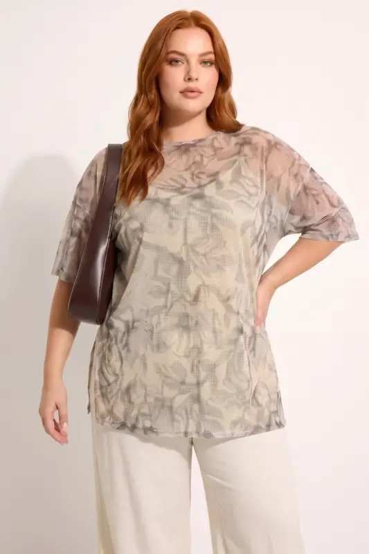 Büyük Beden İç Atletli Yarım Kollu Oversize Desenli Tül Top - 3