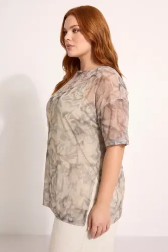 Büyük Beden İç Atletli Yarım Kollu Oversize Desenli Tül Top - 4