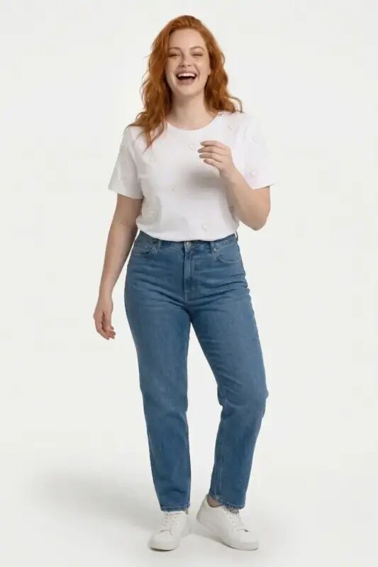 Büyük Beden İncili Kalp Detaylı Basic T Shirt - 2