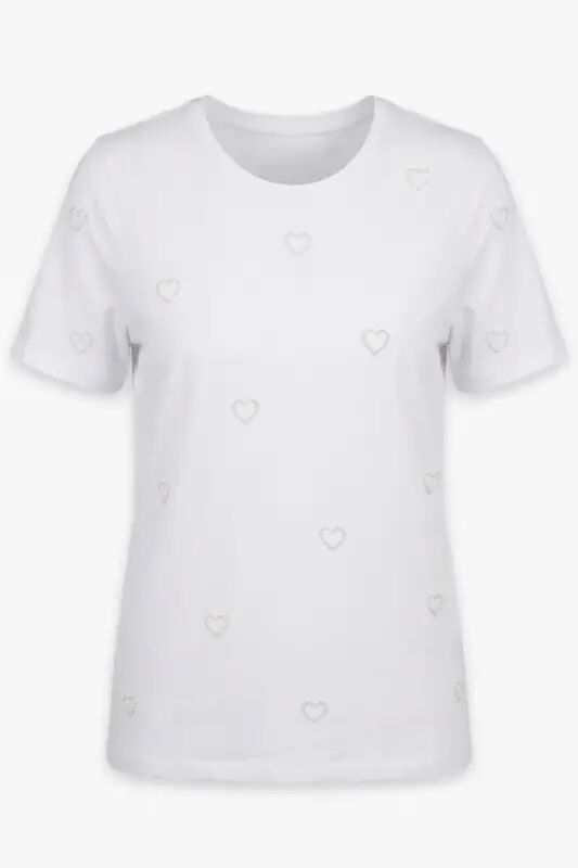 Büyük Beden İncili Kalp Detaylı Basic T Shirt - 4