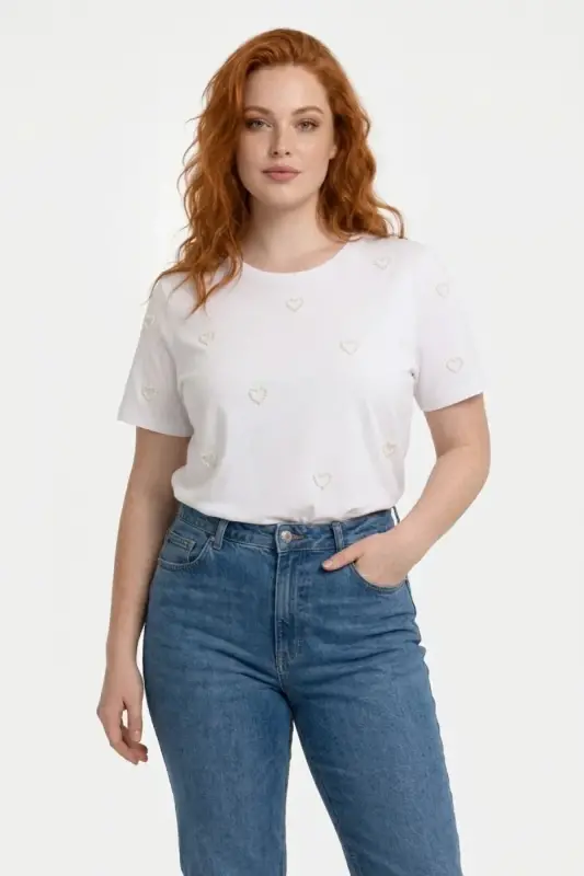Büyük Beden İncili Kalp Detaylı Basic T Shirt - 1