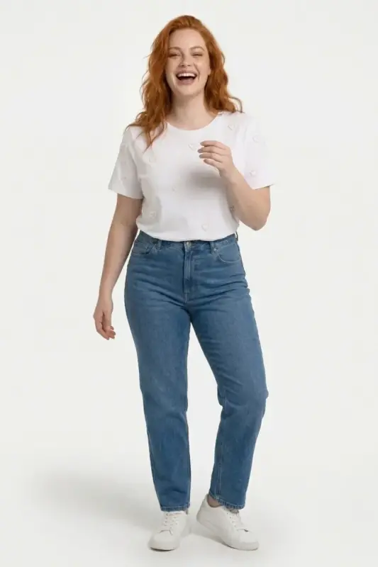 Büyük Beden İncili Kalp Detaylı Basic T Shirt - 2