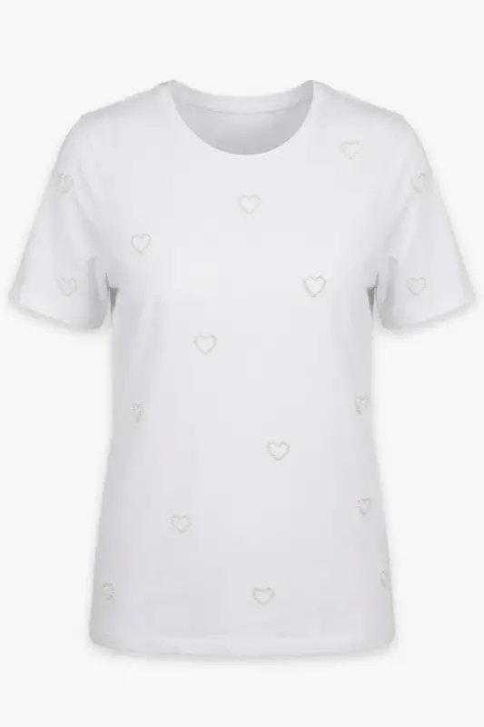 Büyük Beden İncili Kalp Detaylı Basic T Shirt - 4