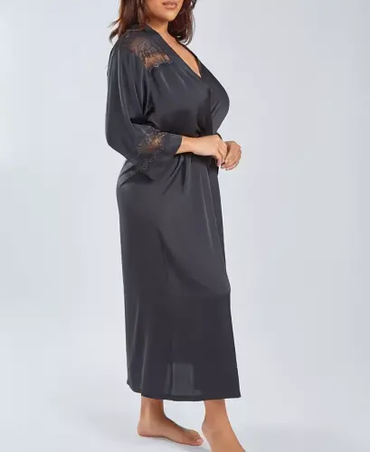 Plus Size Silky Stretch Satin Long Robe with Lace Trims - Black - 3