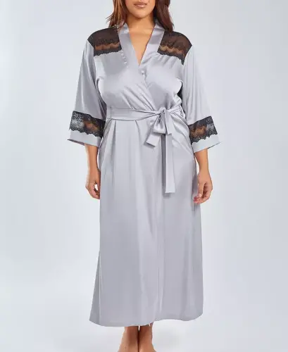 Plus Size Silky Stretch Satin Long Robe with Lace Trims - Silver, Black - 1