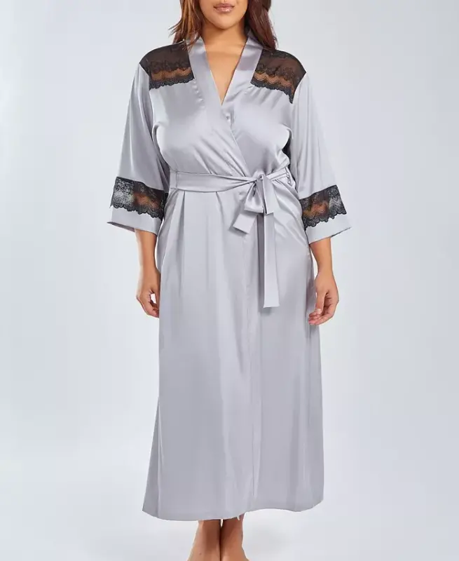 Plus Size Silky Stretch Satin Long Robe with Lace Trims - Silver, Black - ICOLLECTION