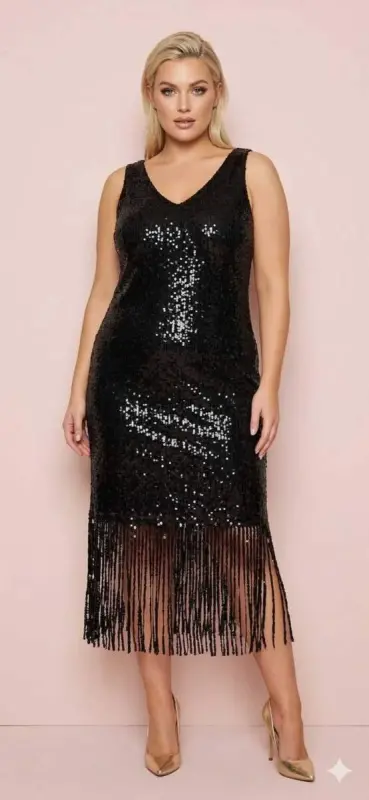 Büyük Beden Işıltılı Payetli Püskül Kesim V Yaka Abiye Elbise ND4037 - 1