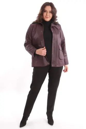 Büyük Beden Kadife Yakalı Çıt Çıt Düğme Detaylı Bordo Kaban - 4