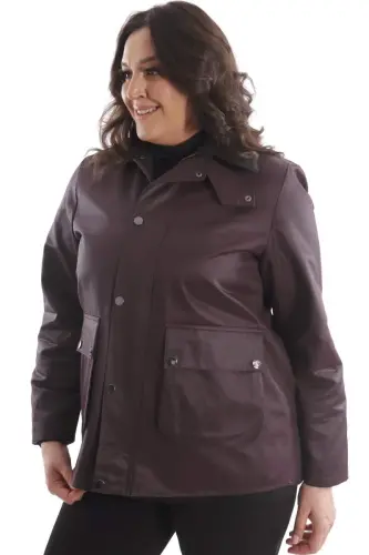 Büyük Beden Kadife Yakalı Çıt Çıt Düğme Detaylı Bordo Kaban - 5