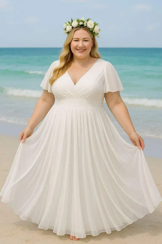 Büyük Beden Kadın Beyaz Pelerin Kollu Kloş Tül Nikah ve Dış Çekim Elbisesi KL3051 - 2