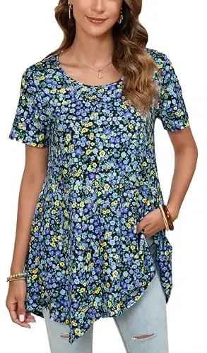 ENMAIN Tunic Tops for Women Plus Size Short Sleeve Top Loose Fit Dressy Casual Swing Summer Tunics Tops to Wear with Leggings 