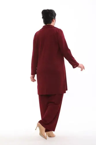 Büyük Beden Kadın Kendinden Simli 3 Parça Pantolon Bluz Ceket Abiye Takım KL3081 Bordo - 4