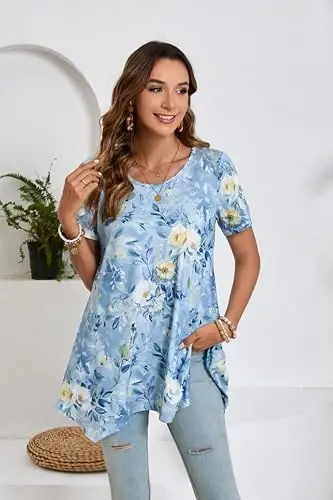 ENMAIN Tunic Tops for Women Plus Size Short Sleeve Top Loose Fit Dressy Casual Swing Summer Tunics Tops to Wear with Leggings - 2