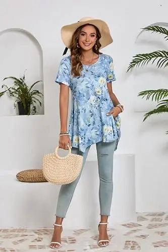 ENMAIN Tunic Tops for Women Plus Size Short Sleeve Top Loose Fit Dressy Casual Swing Summer Tunics Tops to Wear with Leggings - 6