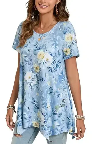 ENMAIN Tunic Tops for Women Plus Size Short Sleeve Top Loose Fit Dressy Casual Swing Summer Tunics Tops to Wear with Leggings 