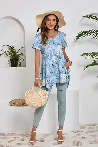 ENMAIN Tunic Tops for Women Plus Size Short Sleeve Top Loose Fit Dressy Casual Swing Summer Tunics Tops to Wear with Leggings - 6