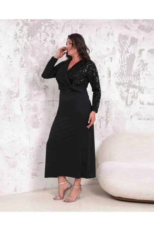 Büyük Beden Kadın Kruvaze Yaka Pul payet Kısa Abiye Elbise GLS4050 - 2