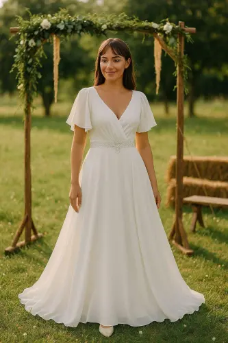 Büyük Beden Kadın Pelerin Kol İşleme Detaylı Dökümlü Beyaz Şifon Nikah Elbisesi KL3045 - 7