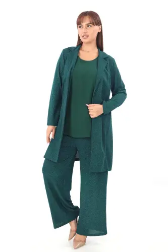 Büyük Beden Kadın Simli 3 Parça Pantolon Bluz Ceket Abiye Takım KL3081 Zümrüt Yeşili - 1