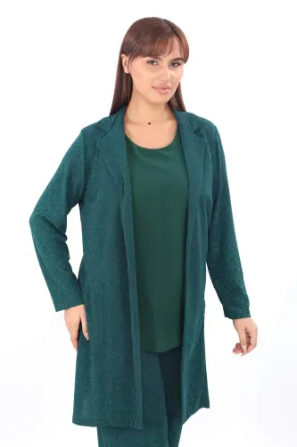Büyük Beden Kadın Simli 3 Parça Pantolon Bluz Ceket Abiye Takım KL3081 Zümrüt Yeşili - BÜYÜKBEDENIZ (1)