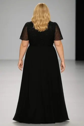 Büyük Beden Kadın V Yaka Kısa Kollu Büyük Beden Uzun Abiye Elbise ND4026 - BÜYÜKBEDENIZ (1)