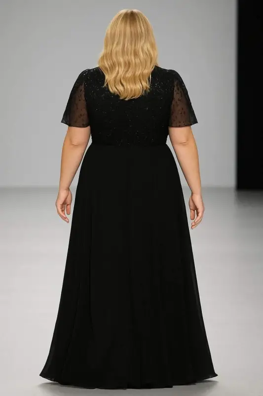 Büyük Beden Kadın V Yaka Kısa Kollu Büyük Beden Uzun Abiye Elbise ND4026 - 2