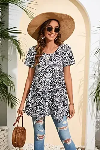 ENMAIN Tunic Tops for Women Plus Size Short Sleeve Top Loose Fit Dressy Casual Swing Summer Tunics Tops to Wear with Leggings - 2