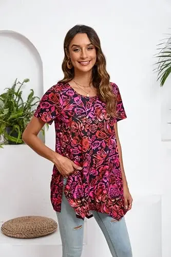 ENMAIN Tunic Tops for Women Plus Size Short Sleeve Top Loose Fit Dressy Casual Swing Summer Tunics Tops to Wear with Leggings - 2