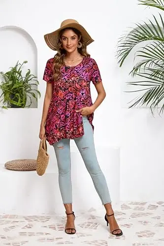 ENMAIN Tunic Tops for Women Plus Size Short Sleeve Top Loose Fit Dressy Casual Swing Summer Tunics Tops to Wear with Leggings - 6
