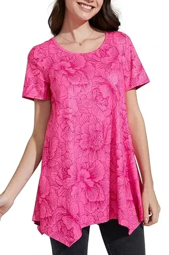 ENMAIN Tunic Tops for Women Plus Size Short Sleeve Top Loose Fit Dressy Casual Swing Summer Tunics Tops to Wear with Leggings - MODAZONE