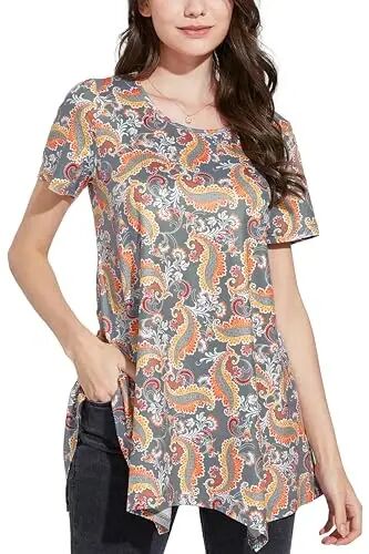 ENMAIN Tunic Tops for Women Plus Size Short Sleeve Top Loose Fit Dressy Casual Swing Summer Tunics Tops to Wear with Leggings - MODAZONE