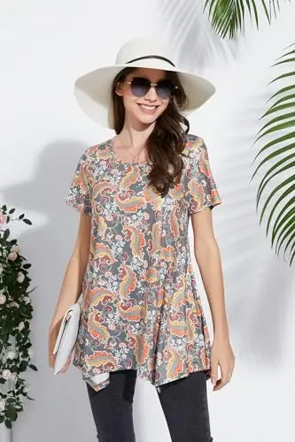 ENMAIN Tunic Tops for Women Plus Size Short Sleeve Top Loose Fit Dressy Casual Swing Summer Tunics Tops to Wear with Leggings - 6