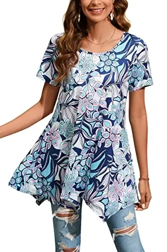 ENMAIN Tunic Tops for Women Plus Size Short Sleeve Top Loose Fit Dressy Casual Swing Summer Tunics Tops to Wear with Leggings - MODAZONE