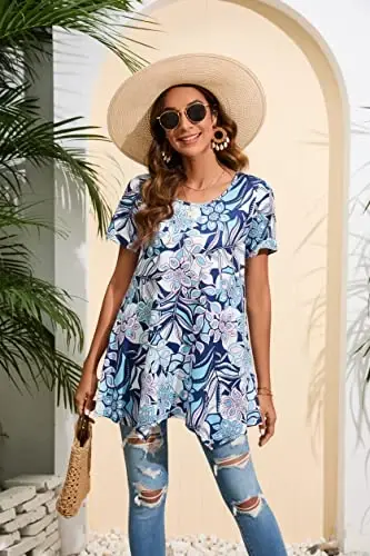 ENMAIN Tunic Tops for Women Plus Size Short Sleeve Top Loose Fit Dressy Casual Swing Summer Tunics Tops to Wear with Leggings - 2