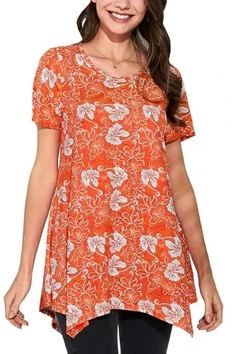 ENMAIN Tunic Tops for Women Plus Size Short Sleeve Top Loose Fit Dressy Casual Swing Summer Tunics Tops to Wear with Leggings - MODAZONE