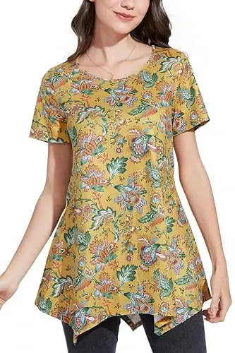 ENMAIN Tunic Tops for Women Plus Size Short Sleeve Top Loose Fit Dressy Casual Swing Summer Tunics Tops to Wear with Leggings 