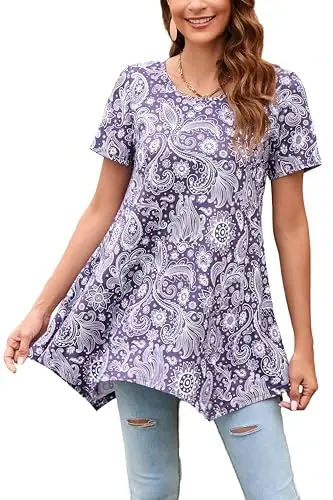 ENMAIN Tunic Tops for Women Plus Size Short Sleeve Top Loose Fit Dressy Casual Swing Summer Tunics Tops to Wear with Leggings 