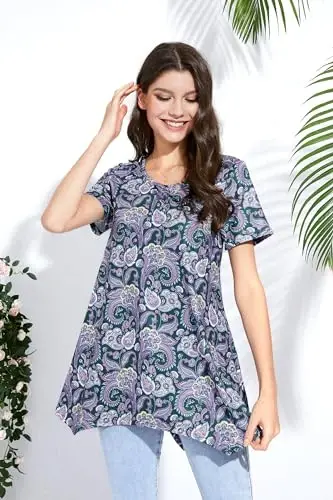 ENMAIN Tunic Tops for Women Plus Size Short Sleeve Top Loose Fit Dressy Casual Swing Summer Tunics Tops to Wear with Leggings - 2