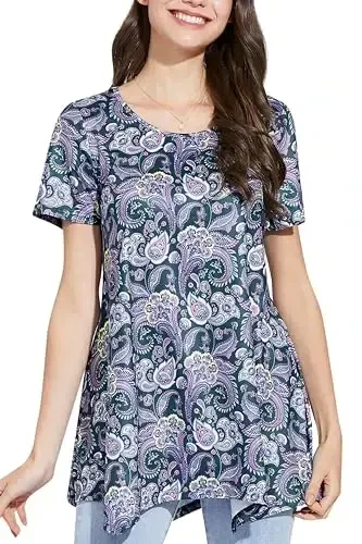 ENMAIN Tunic Tops for Women Plus Size Short Sleeve Top Loose Fit Dressy Casual Swing Summer Tunics Tops to Wear with Leggings 