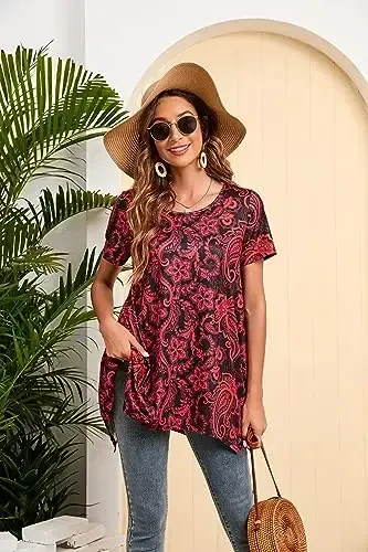 ENMAIN Tunic Tops for Women Plus Size Short Sleeve Top Loose Fit Dressy Casual Swing Summer Tunics Tops to Wear with Leggings 